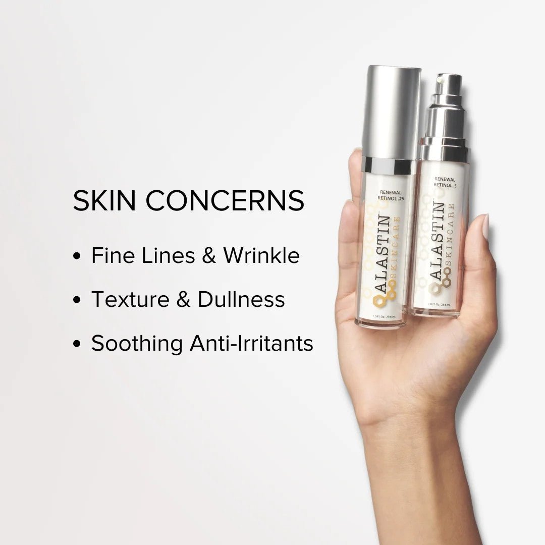 Hand holding ALASTIN Renewal Retinol .25 and .5 to target fine lines wrinkles texture and dullness