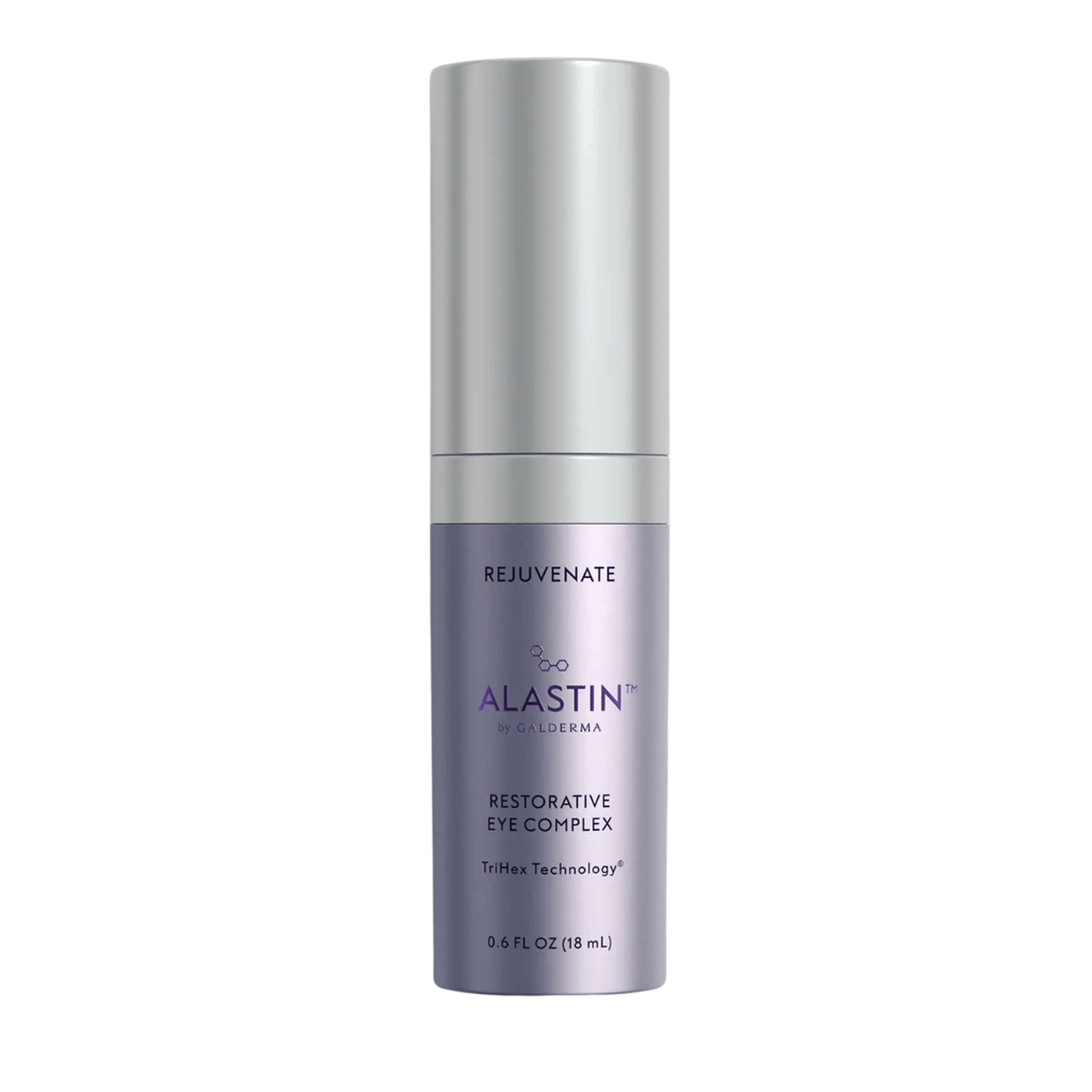 ALASTIN Restorative Eye Complex 0.6 oz with TriHex Technology in silver and lavender pump bottle