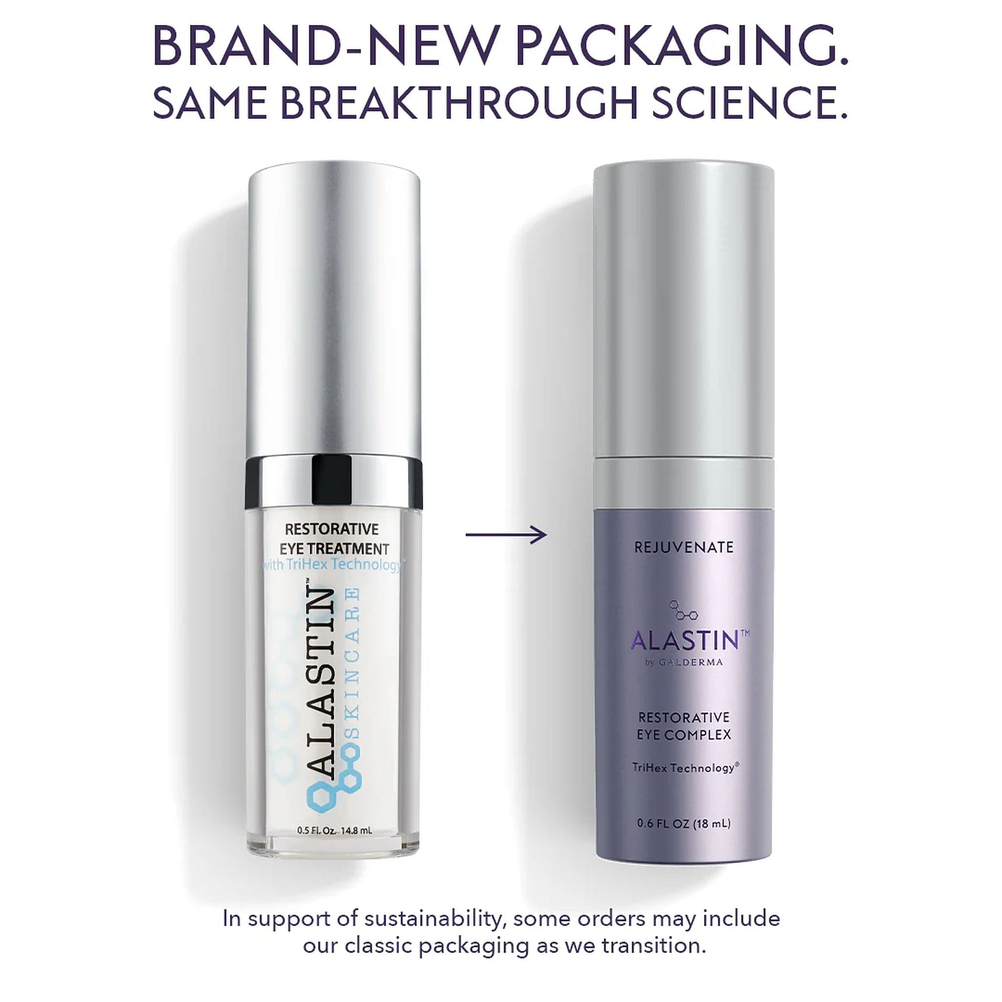 ALASTIN Restorative Eye Treatment classic packaging beside the new Restorative Eye Complex bottle