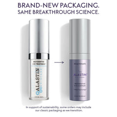 ALASTIN Restorative Eye Treatment classic packaging beside the new Restorative Eye Complex bottle