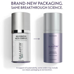 ALASTIN Restorative Neck Complex classic white bottle beside new purple packaging with the same formula