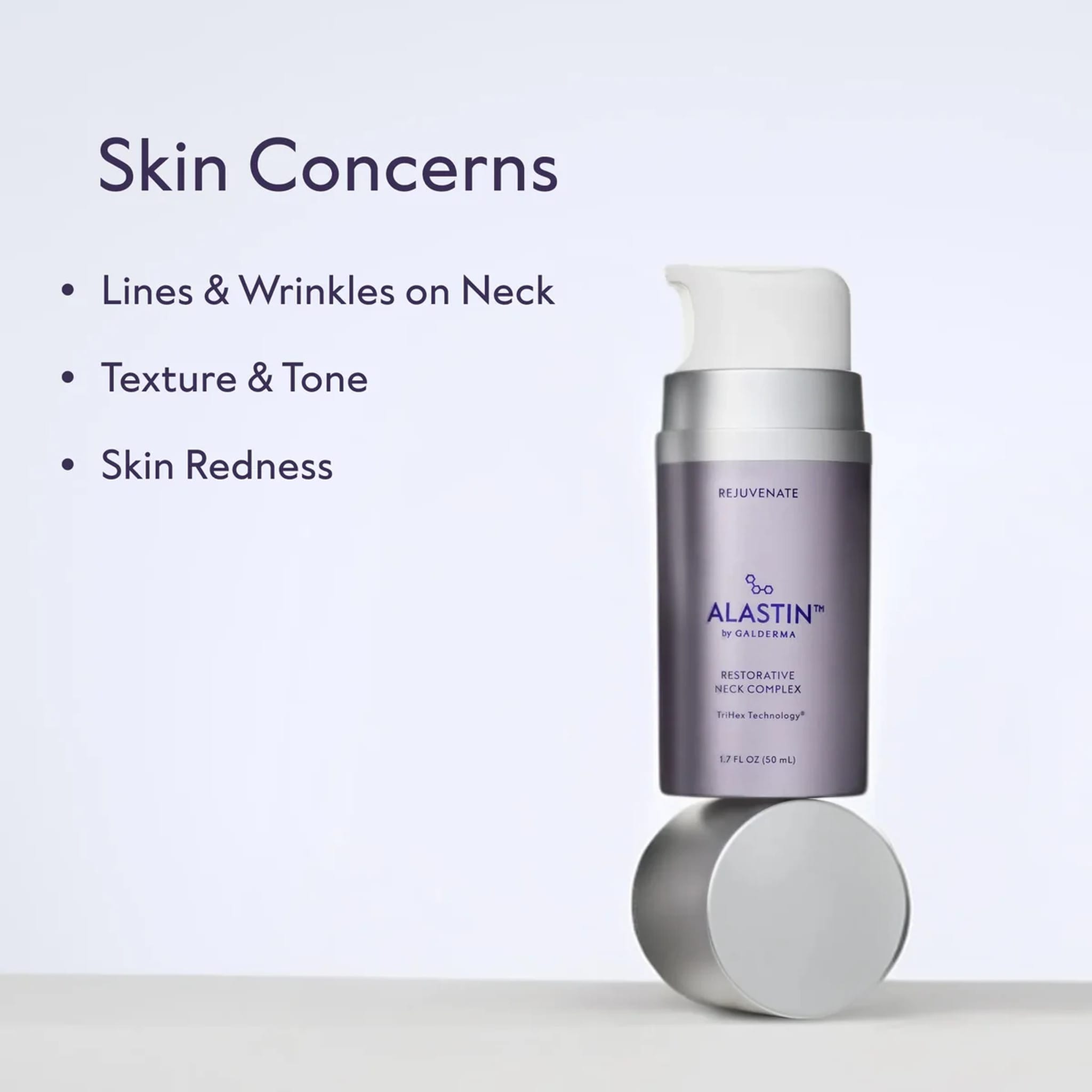 Hand holding ALASTIN Restorative Neck Complex for neck lines and wrinkles uneven texture and redness