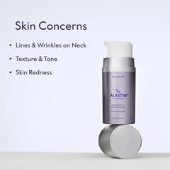 Hand holding ALASTIN Restorative Neck Complex for neck lines and wrinkles uneven texture and redness