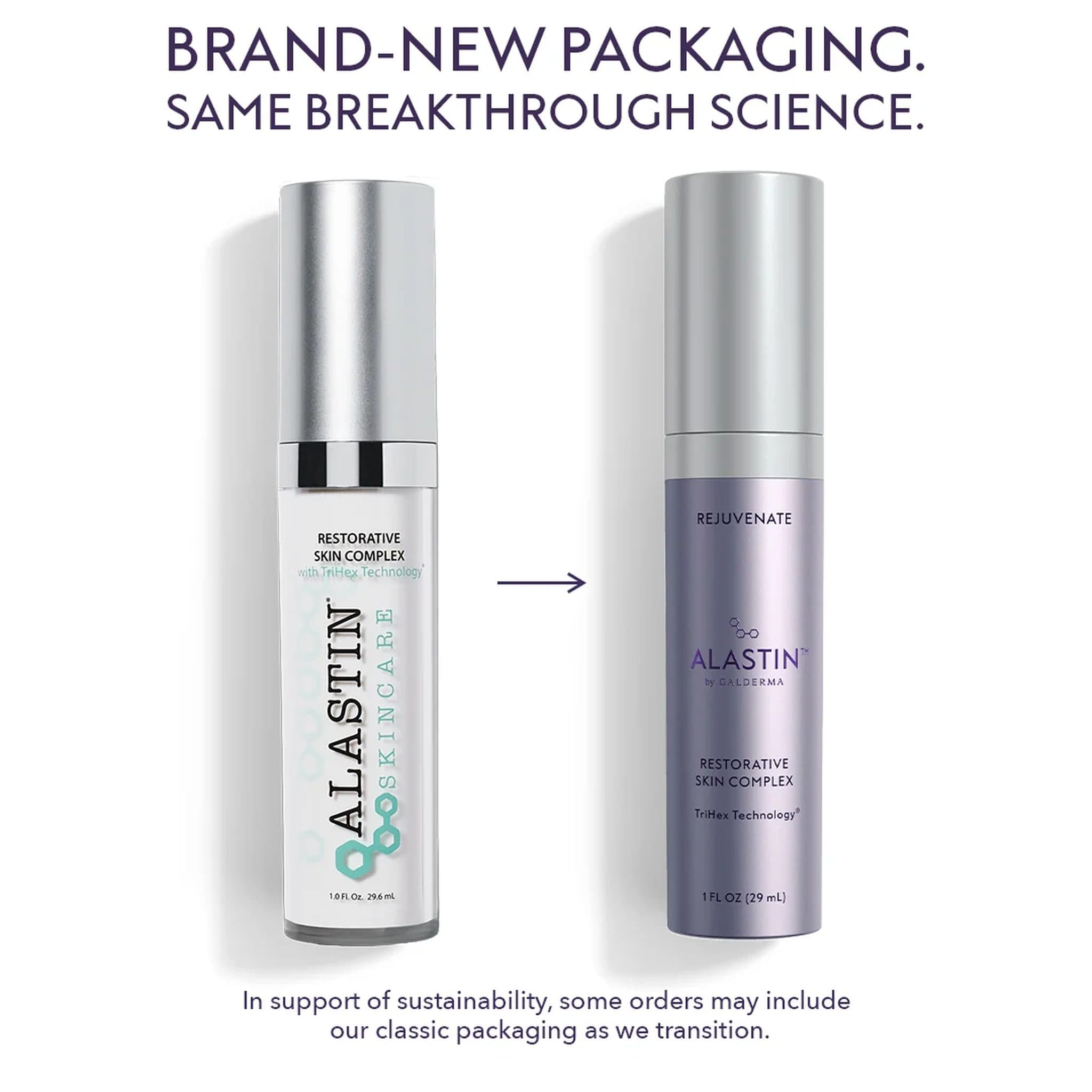ALASTIN Restorative Skin Complex new purple packaging beside classic white bottle