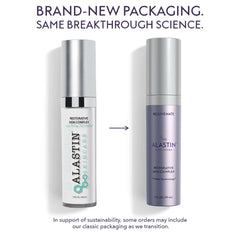 ALASTIN Restorative Skin Complex new purple packaging beside classic white bottle