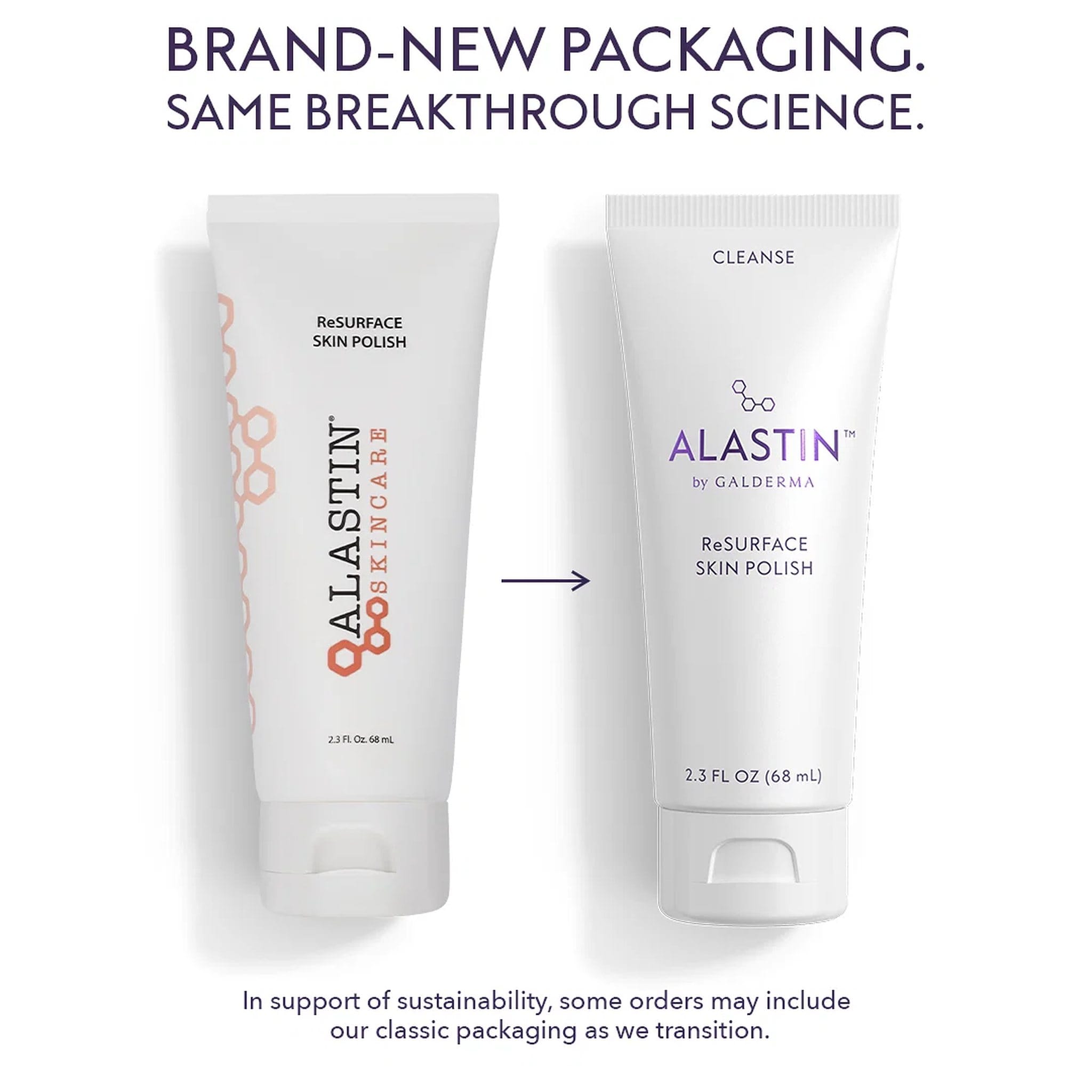 ALASTIN Skincare ReSURFACE Skin Polish classic tube next to new ALASTIN by Galderma packaging