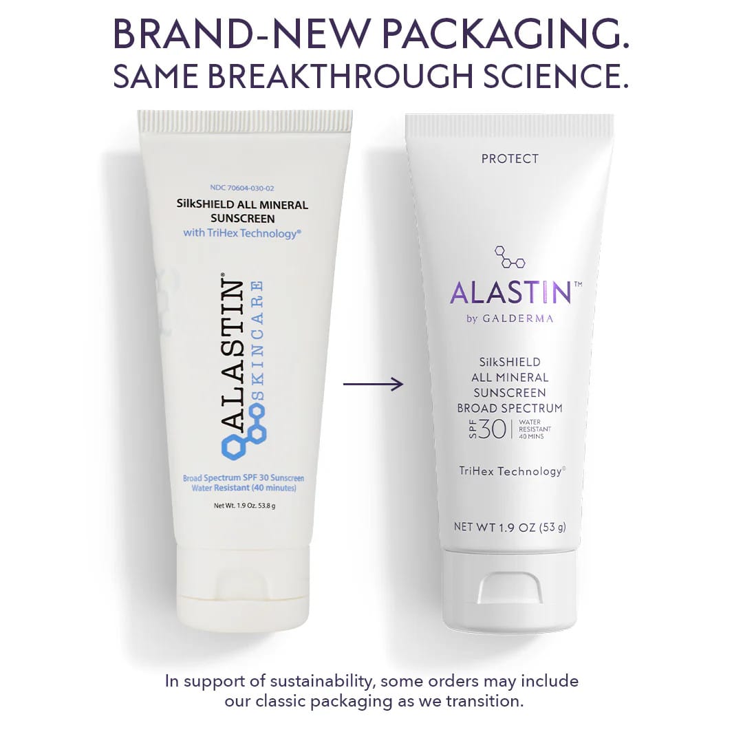 ALASTIN SilkSHIELD All Mineral Sunscreen SPF 30 classic Skincare tube next to new Galderma tube with the same formula