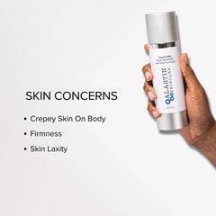 Hand holding ALASTIN Skincare TransFORM Body Treatment for crepey skin firmness and skin laxity