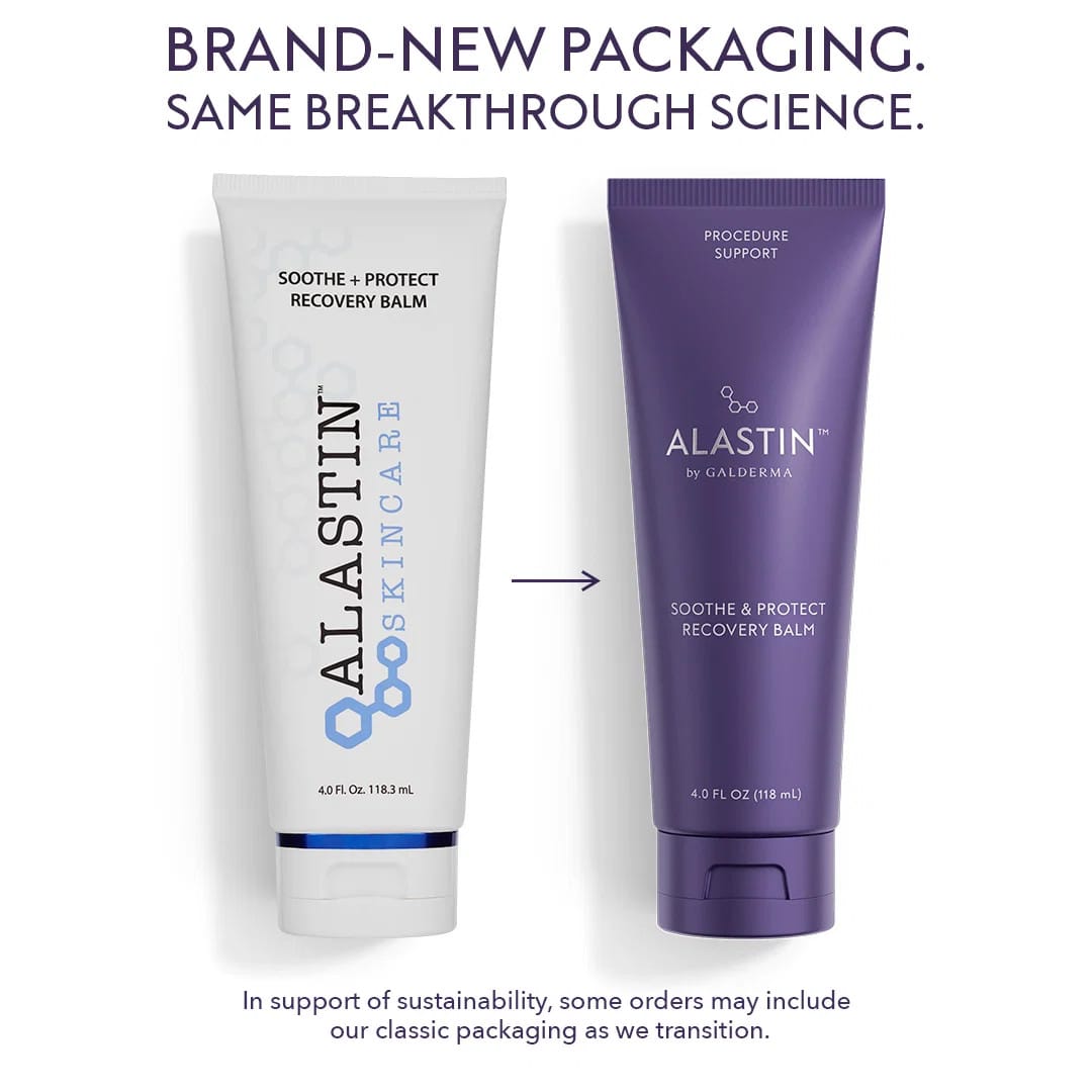 ALASTIN Soothe and Protect Recovery Balm classic white Skincare tube next to new purple Galderma tube
