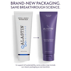 ALASTIN Soothe and Protect Recovery Balm classic white Skincare tube next to new purple Galderma tube