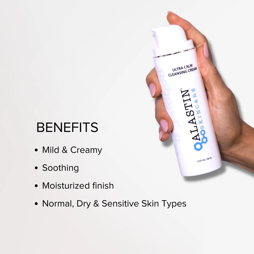 Hand holding ALASTIN Ultra Calm Cleansing Cream a mild soothing cleanser for normal dry and sensitive skin