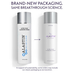 ALASTIN Ultra Calm Cleansing Cream classic Skincare bottle next to new Galderma bottle with the same formula