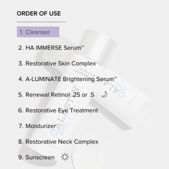 ALASTIN skincare order of use with Ultra Calm Cleansing Cream as step 1 before HA IMMERSE Serum