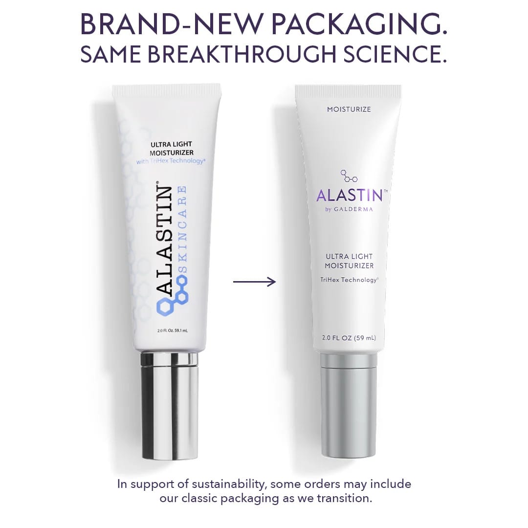 ALASTIN Ultra Light Moisturizer classic Skincare tube next to new Galderma tube with the same formula