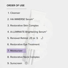 ALASTIN skincare order of use with Ultra Light Moisturizer as step 7 after eye treatment and before sunscreen