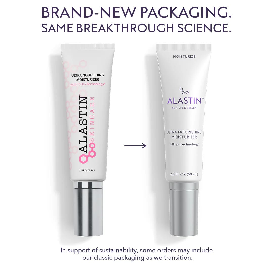 ALASTIN Ultra Nourishing Moisturizer classic Skincare tube next to new Galderma tube with the same formula
