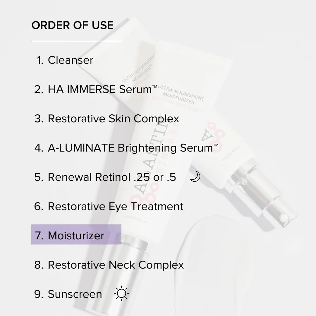 ALASTIN skincare order of use with Ultra Nourishing Moisturizer as step 7 after eye treatment and before sunscreen