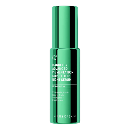 Allies of Skin Mandelic Advanced Pigmentation Corrector Night Serum in green pump bottle