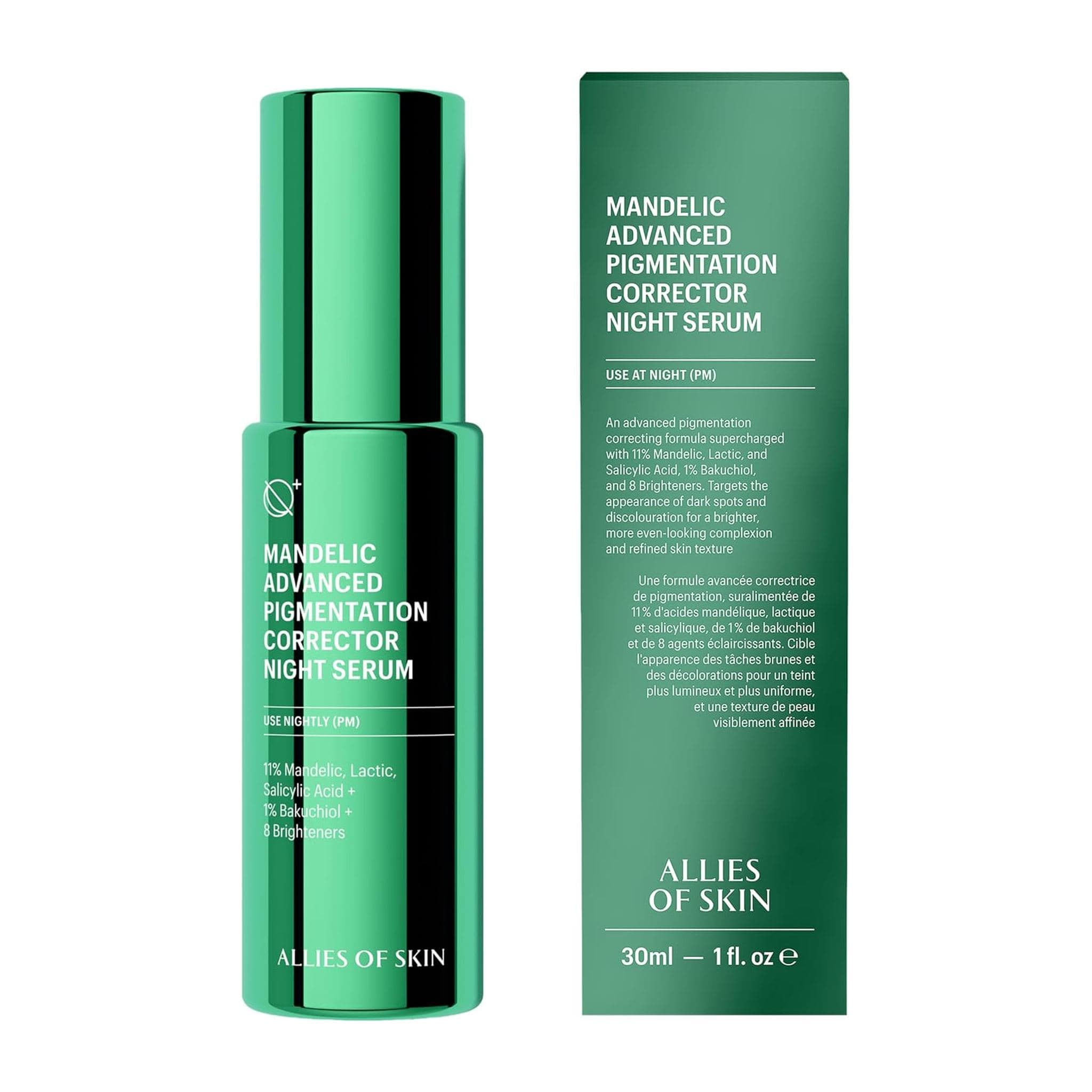 Allies of Skin Mandelic Pigmentation Corrector Night Serum 30ml bottle beside green box