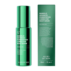 Allies of Skin Mandelic Pigmentation Corrector Night Serum 30ml bottle beside green box