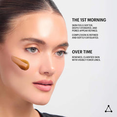 Model with Allies of Skin Mandelic Night Serum swatch on cheek showing first morning results