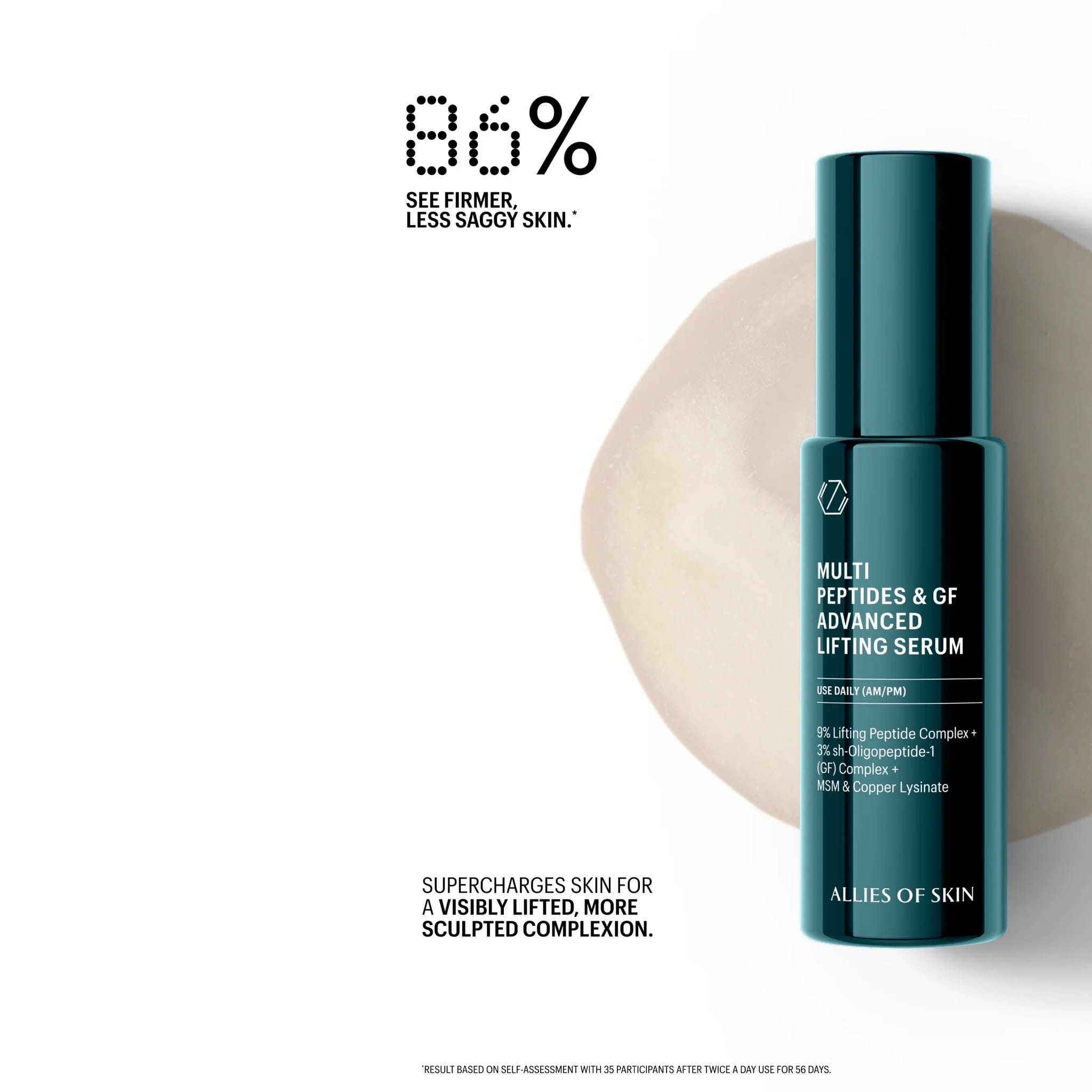 Allies of Skin lifting serum bottle on cream texture swatch with 86% saw firmer less saggy skin self-assessment