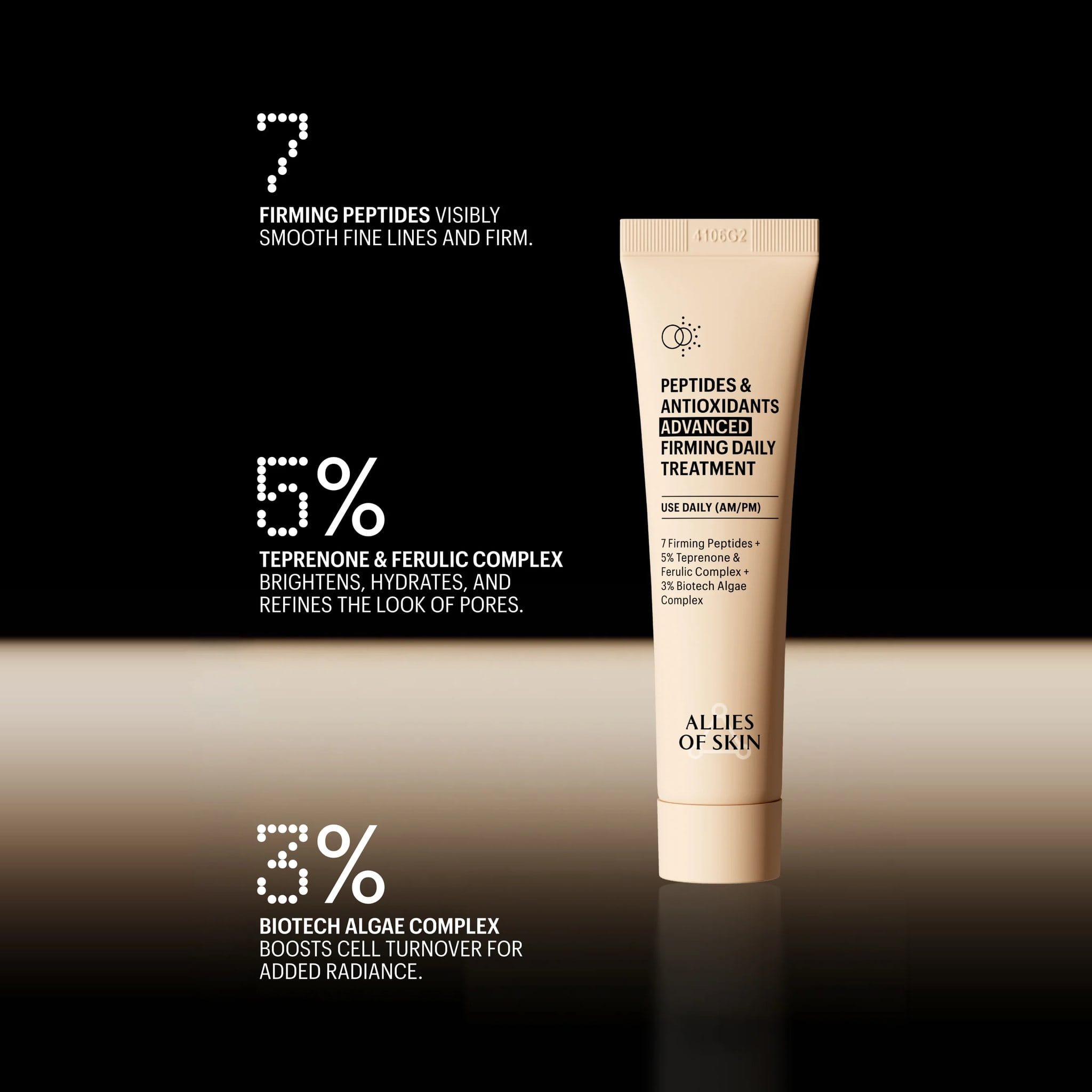 Peptides and Antioxidants Firming Daily Treatment with 7 peptides 5% teprenone ferulic complex and 3% biotech algae
