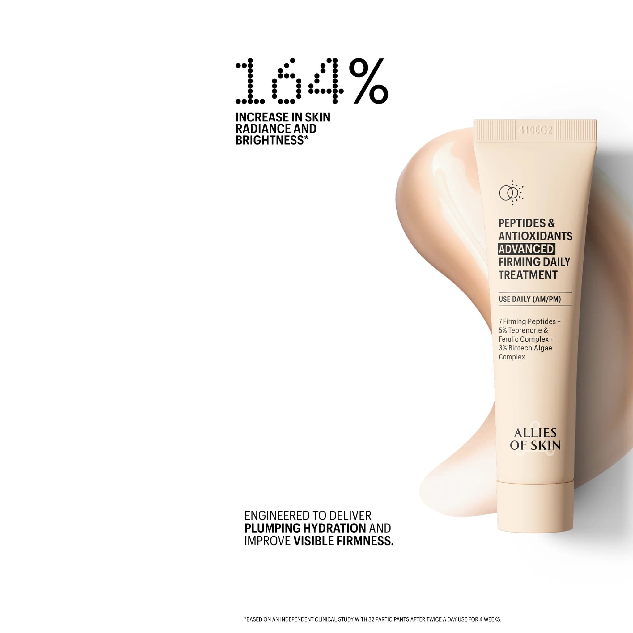 Allies of Skin firming treatment tube on peach cream swirl showing 164% increase in skin radiance and brightness