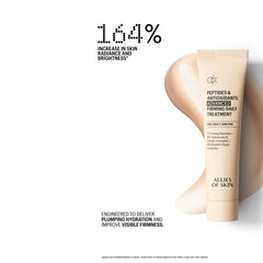 Allies of Skin firming treatment tube on peach cream swirl showing 164% increase in skin radiance and brightness
