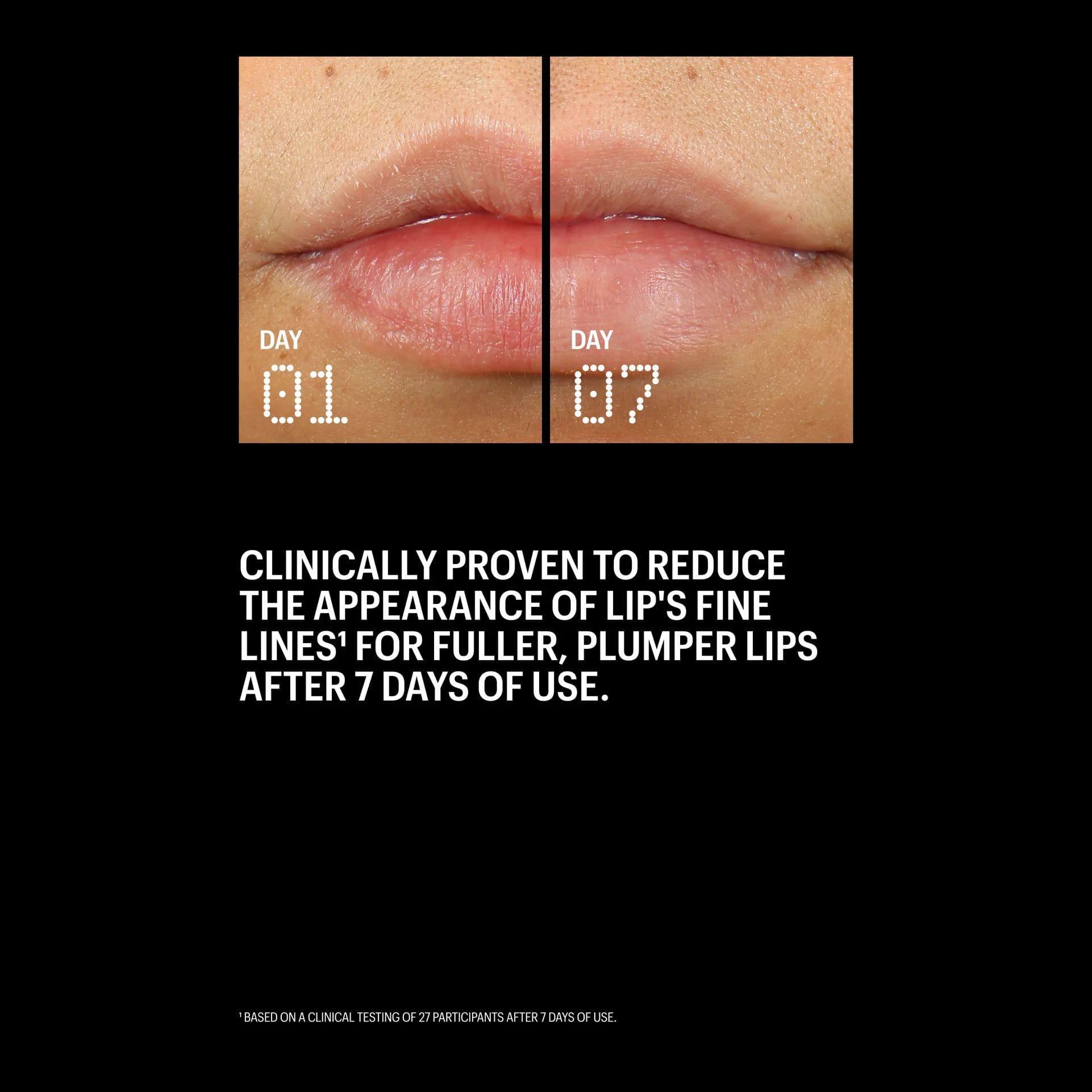 Day 1 and day 7 lips showing Allies of Skin Peptint clinically reduces lip fine lines for fuller plumper lips 2