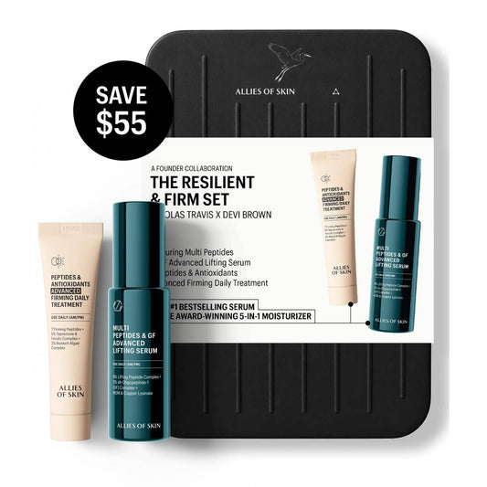 Allies of Skin Resilient and Firm Set with peptide lifting serum and firming daily treatment beside black gift tin