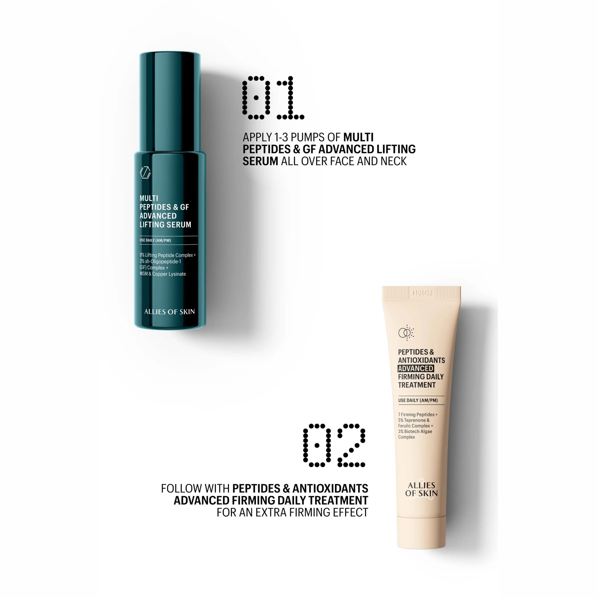 How to use the Resilient and Firm Set: apply lifting serum to face and neck then follow with firming treatment