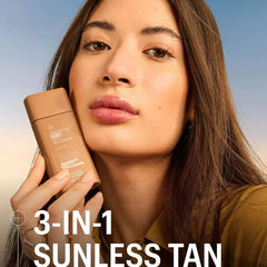 Model holding Allies of Skin Sunless Tan SPF 50 3-in-1 self-tanner sunscreen skincare