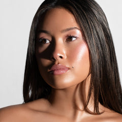 Model with straight dark hair wearing Anfisa Skin AN-Gloss Ceramide Lip Tint Angel Food glossy lips portrait 6