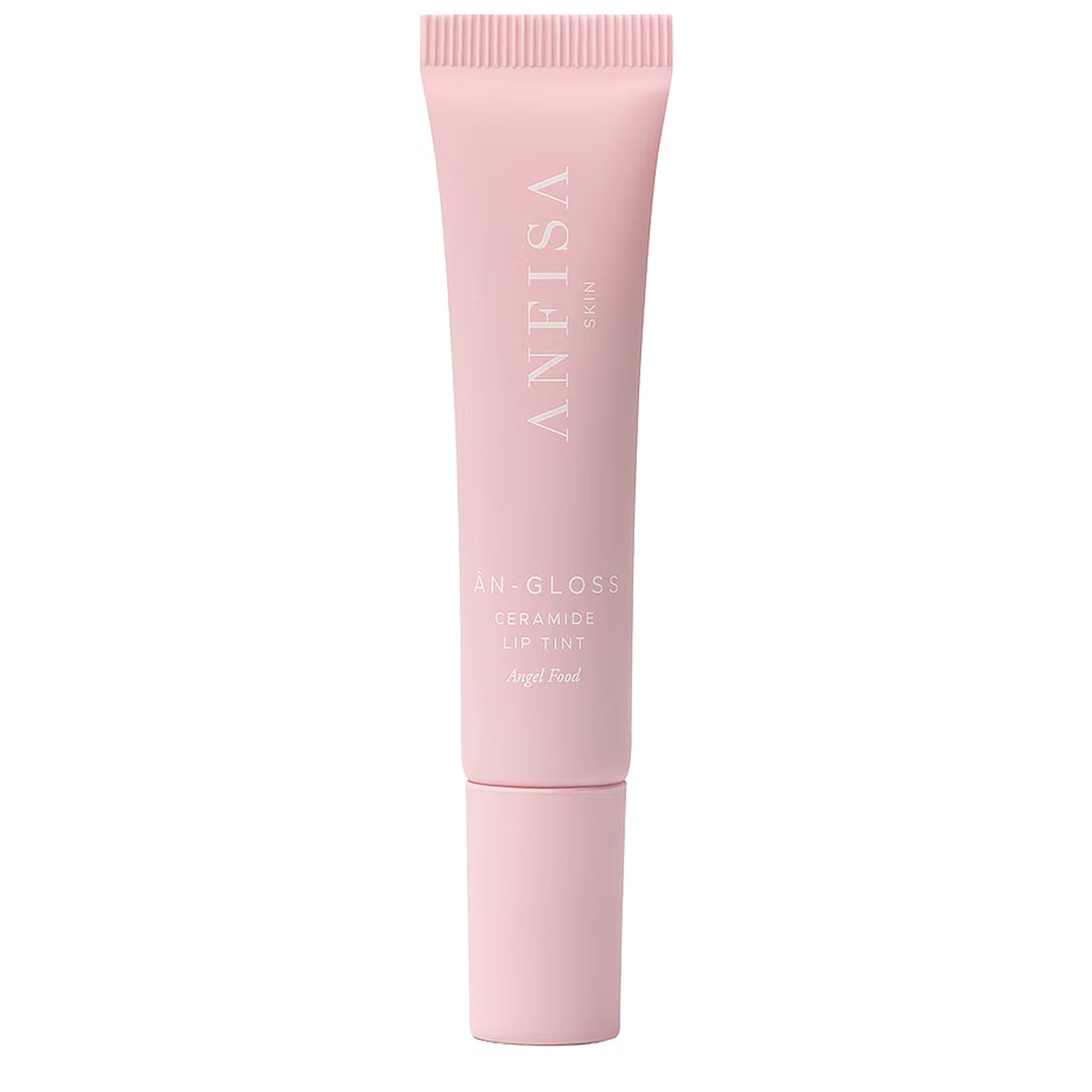 Anfisa Skin AN-Gloss Ceramide Lip Tint tube in Angel Food soft blush pink shade on white background 1