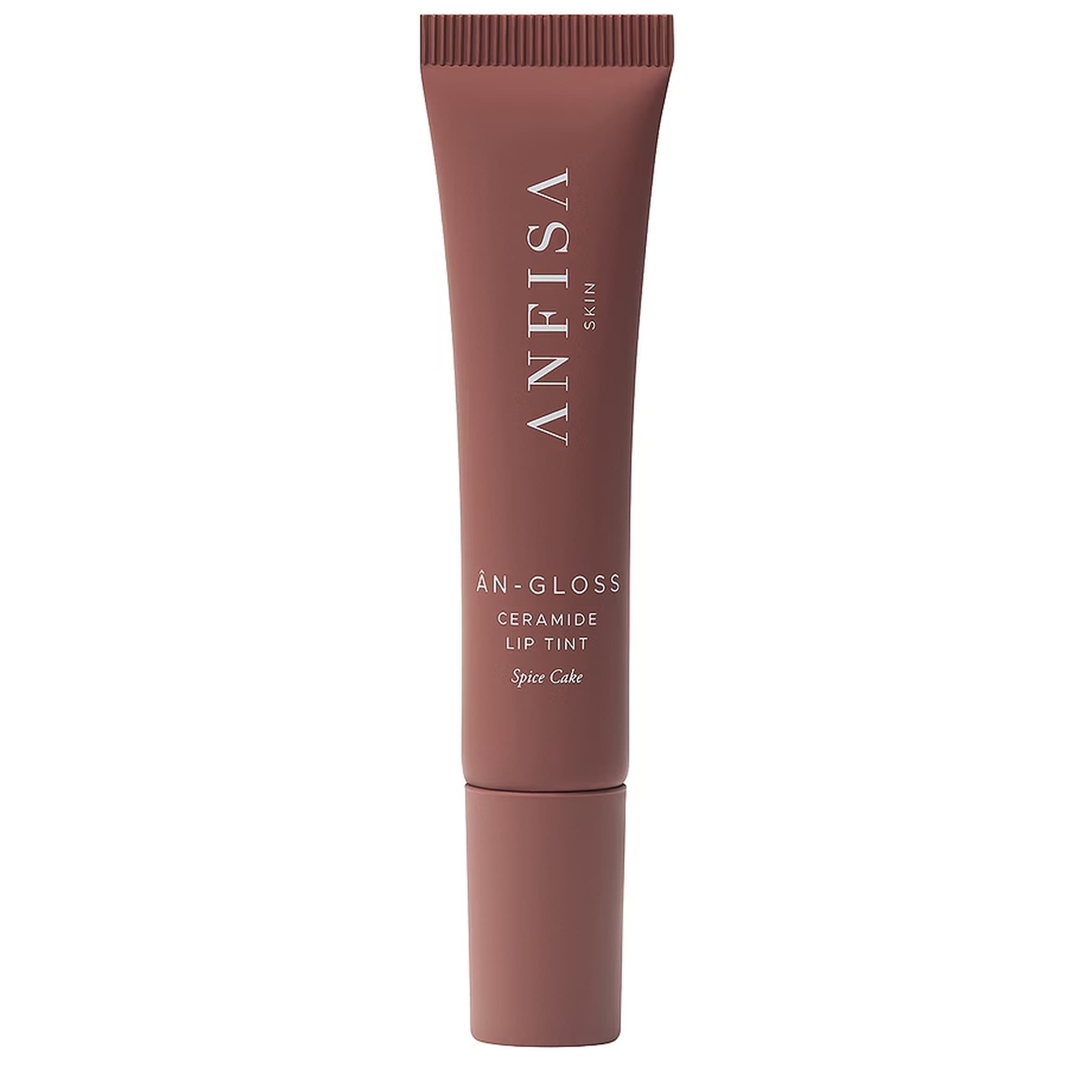 Anfisa Skin AN-Gloss Ceramide Lip Tint tube in Spice Cake warm brown mauve shade on white background 1