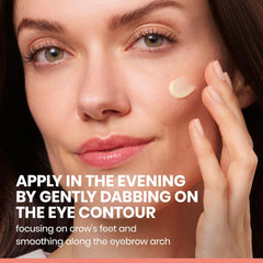 Woman applying eye cream to her face with text on how to use it.