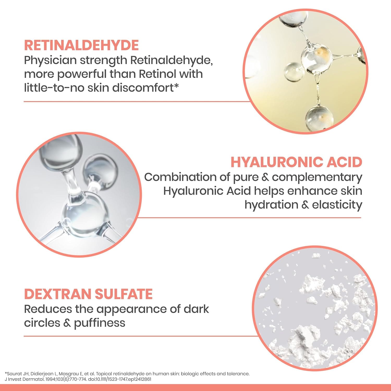 Product ingredients with retinaldehyde, hyaluronic acid, and dextran sulfate highlighted.