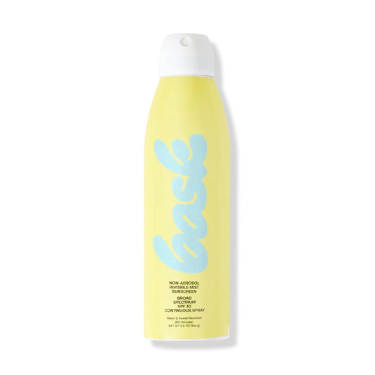 Bask SPF 30 broad spectrum non-aerosol invisible mist sunscreen spray yellow bottle with blue logo