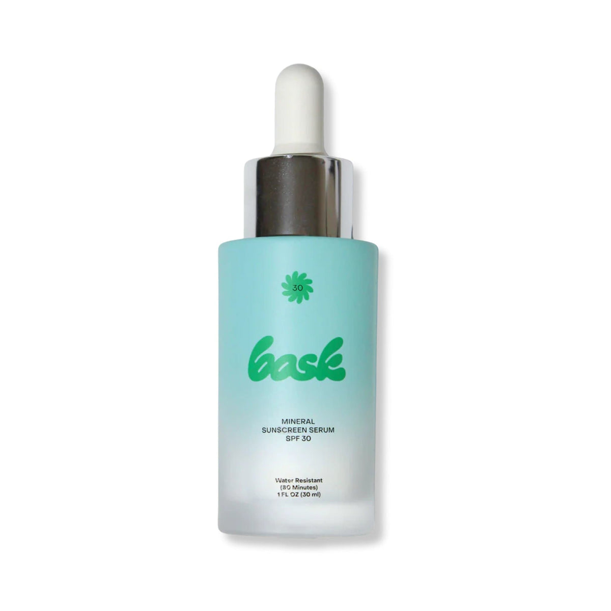 Bask SPF 30 mineral sunscreen serum in frosted teal dropper bottle with silver collar water resistant 1 fl oz