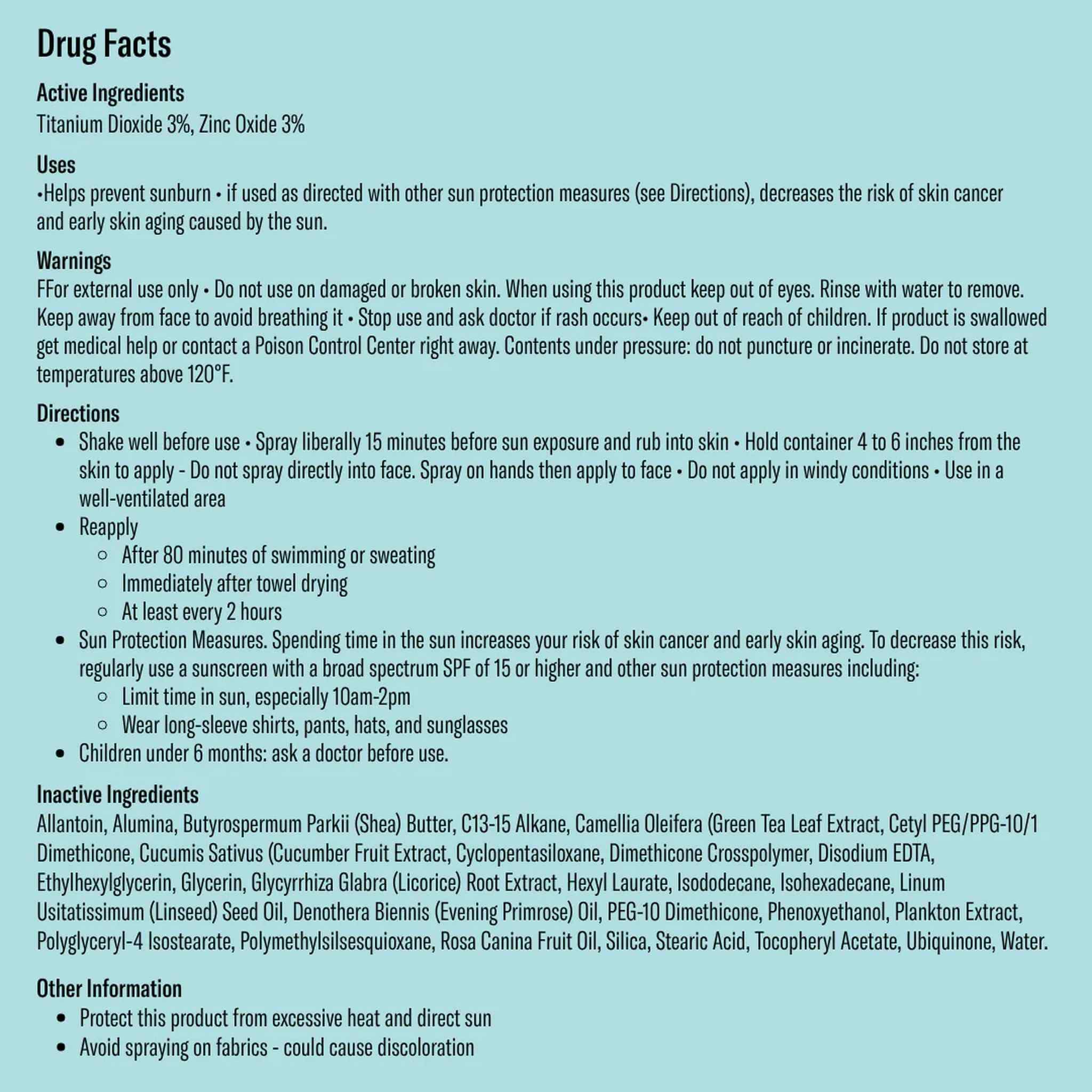 Bask SPF 30 mineral sunscreen spray drug facts with titanium dioxide zinc oxide active ingredients directions and warnings on teal background