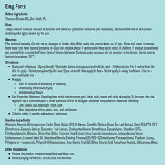 Bask SPF 30 mineral sunscreen spray drug facts with titanium dioxide zinc oxide active ingredients directions and warnings on teal background