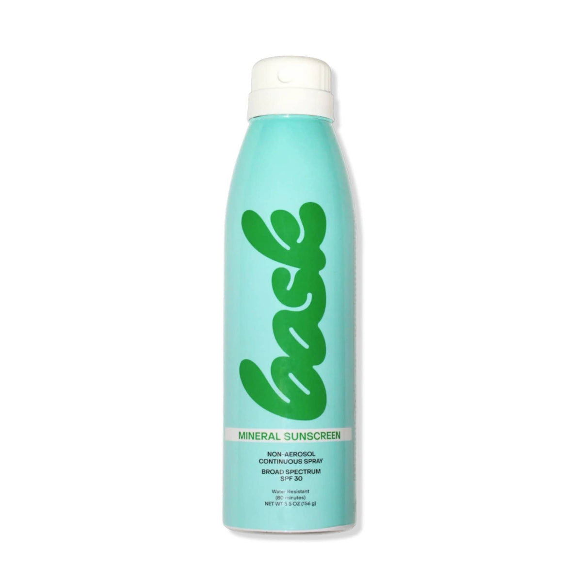 Bask SPF 30 mineral sunscreen non-aerosol continuous spray teal bottle with green logo broad spectrum