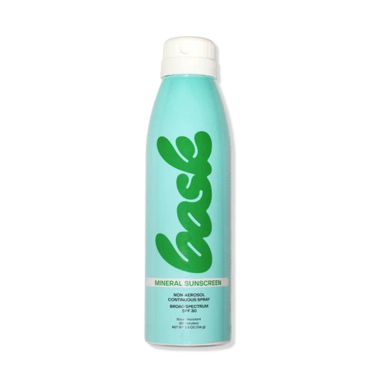 Bask SPF 30 mineral sunscreen non-aerosol continuous spray teal bottle with green logo broad spectrum