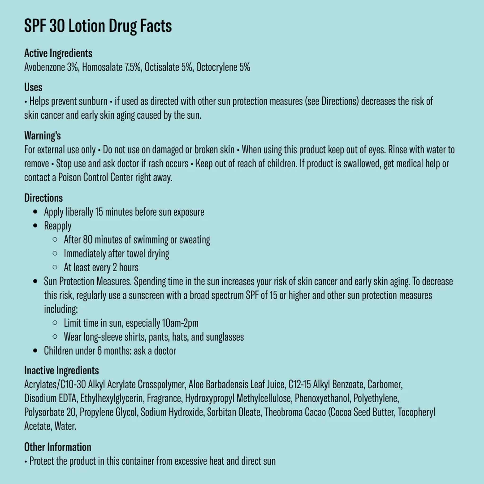 Bask SPF 30 lotion sunscreen drug facts label with active ingredients avobenzone homosalate directions and warnings on teal background