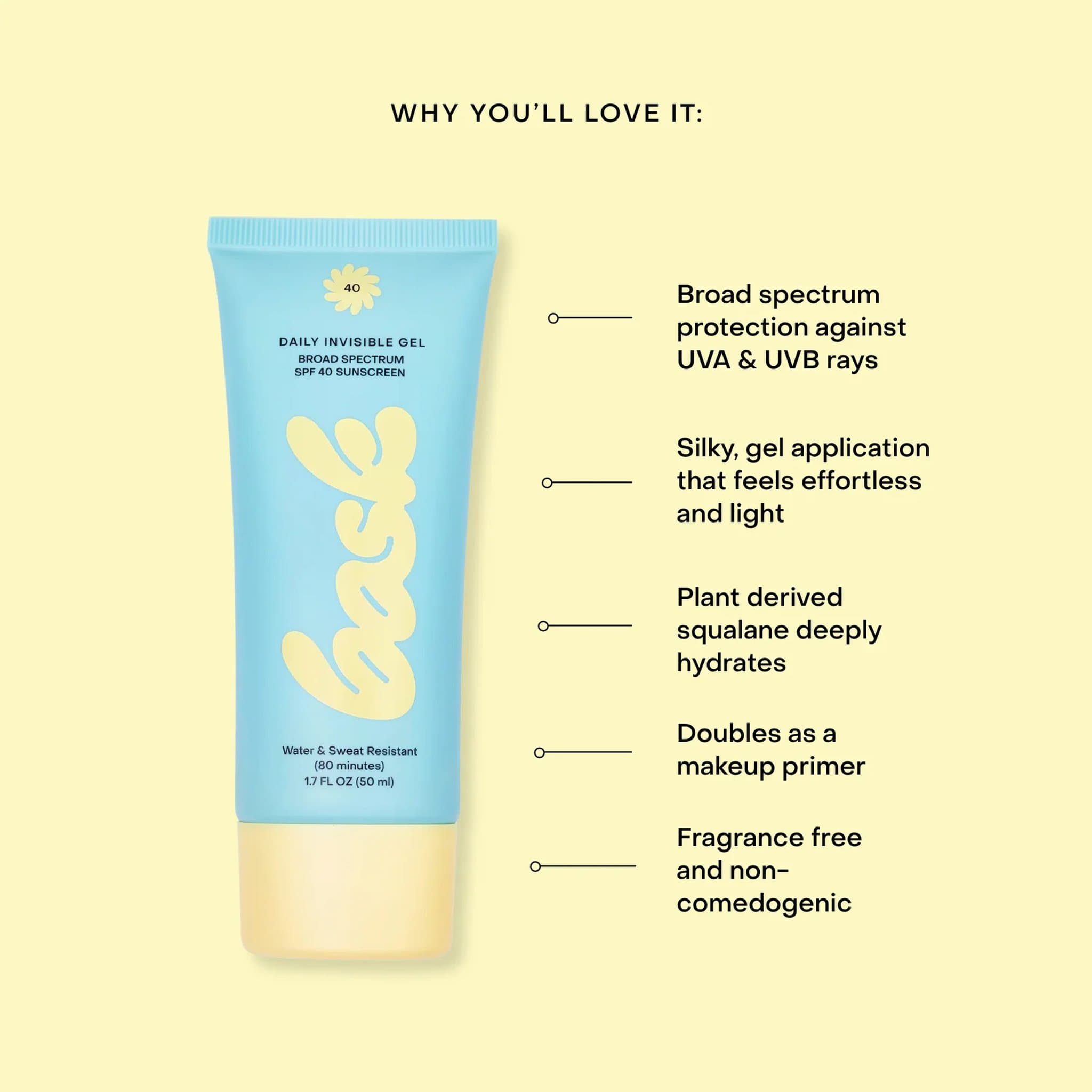 Bask SPF 40 daily invisible gel sunscreen features UVA UVB protection squalane hydration makeup primer fragrance free non-comedogenic