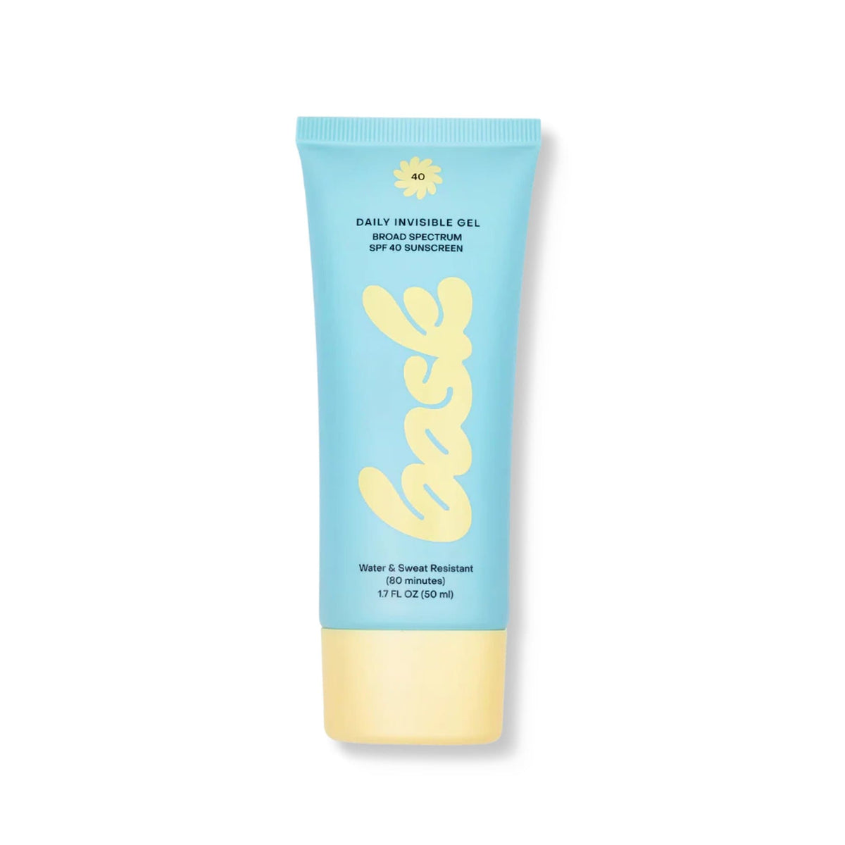 Bask SPF 40 daily invisible gel broad spectrum sunscreen tube in blue with yellow logo water sweat resistant 1.7 fl oz