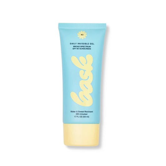 Bask SPF 40 daily invisible gel broad spectrum sunscreen tube in blue with yellow logo water sweat resistant 1.7 fl oz