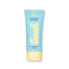 Bask SPF 40 daily invisible gel broad spectrum sunscreen tube in blue with yellow logo water sweat resistant 1.7 fl oz