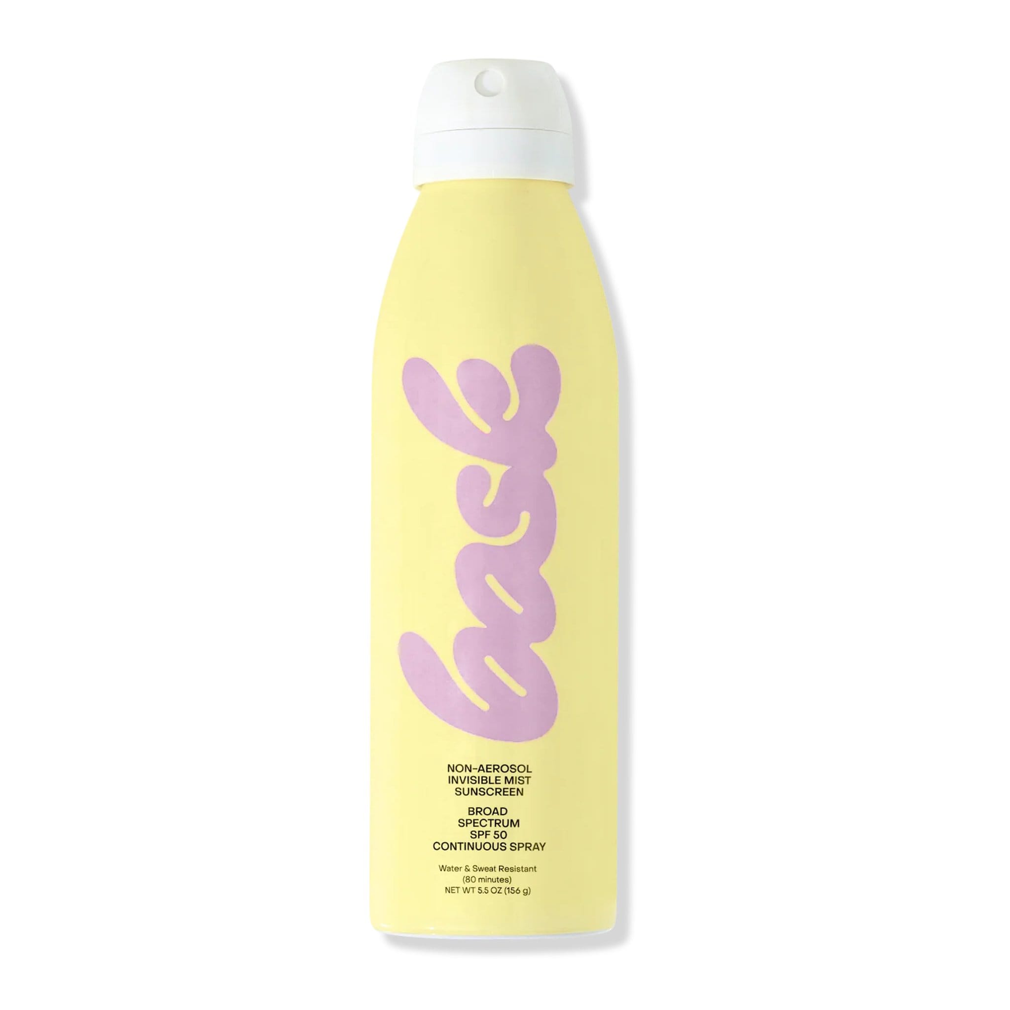Alt text: Bask SPF 50 broad spectrum non-aerosol invisible mist sunscreen spray yellow bottle with purple logo